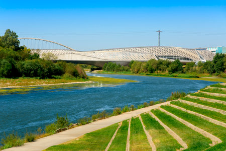 ZARAGOZA, SPAIN - AUGUST 19, 2017: A view of the Ebro River in Zaragoza, Spain, and the Bridge Pavilion and the Tercer Milenio bridge, both built for the international exposition Expo 2008のeditorial素材