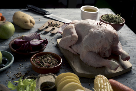 closeup of a rustic wooden table full of ingredients to prepare a stuffed turkey, such as a raw turkey, apple, onion, oil, blueberries or carrot, and other ingredients such as corns on the cobの写真素材