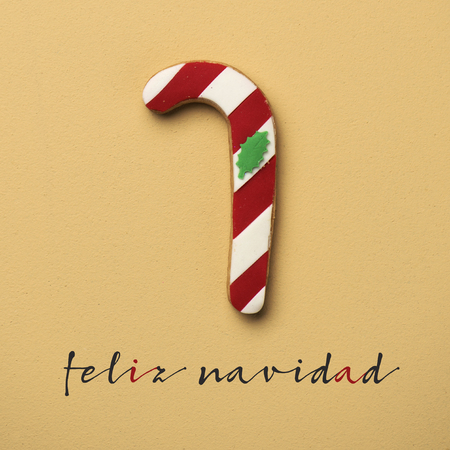 a coloroful cookie in the shape of a candy cane and the text feliz navidad, merry christmas in spanish, on an orange backgroundの写真素材