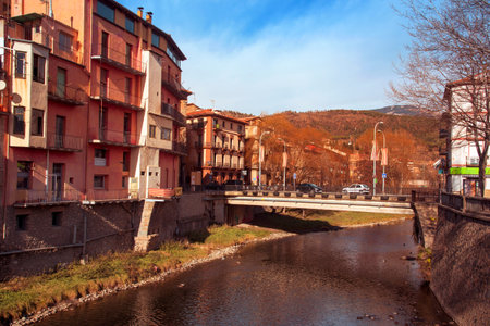 RIPOLL, SPAIN - DECEMBER 28, 2017: A view of the Ter River as it passes through Ripoll, a small town in Girona known for its important Monastery of Santa Maria de Ripollのeditorial素材