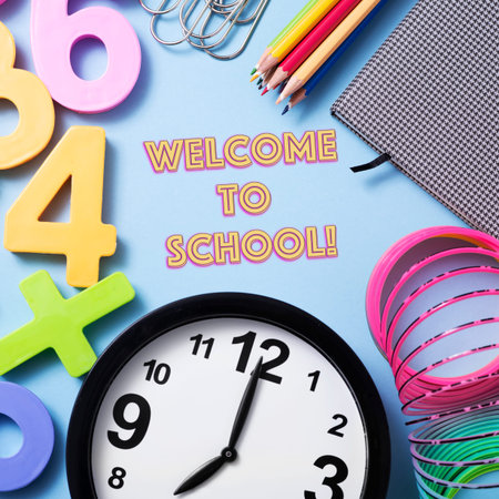 closeup of a clock, some pencil crayon of different colors, a notepad, some paper clips, some...