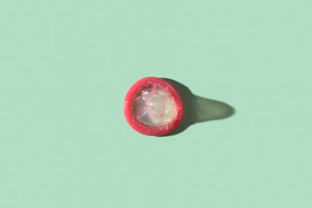 a rolled-up condom on a green background with a blank space around it
