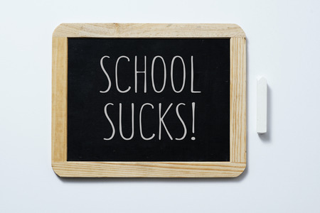 high angle view of a wooden-framed blackboard with the text school sucks written in it, next to a piece of chalk on a white surfaceの写真素材