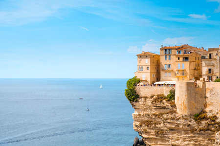 BONIFACIO, FRANCE - SEPTEMBER 19, 2018: A view of the Haute Ville, the old town of Bonifacio, in Corse, France, built on the top of a promontory next to a cliff over the Mediterranean seaのeditorial素材