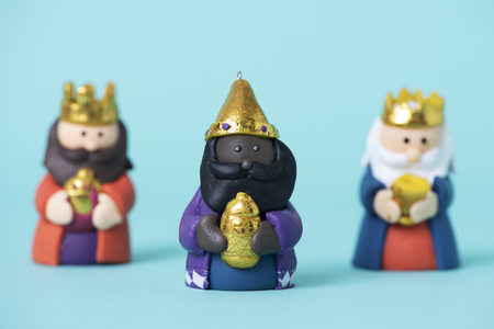 the three wise men, melchior, caspar and balthazar, on a blue backgroundの写真素材