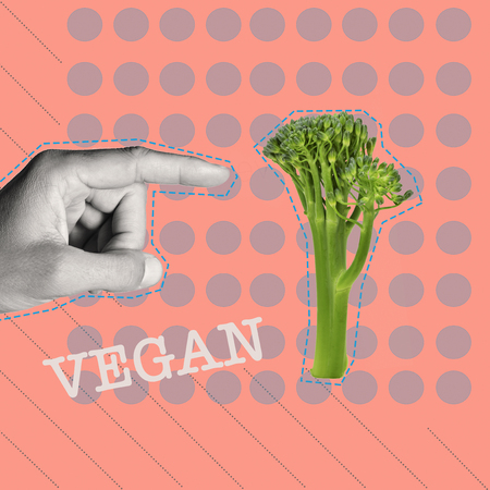 the text vegan and the hand of a man in black and white pointing a twig of broccolini, on a pink background patterned with lines and dots, as a contemporary art collageの写真素材