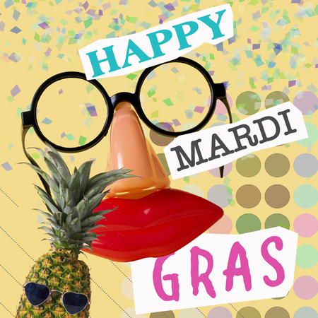 Text happy mardi gras, fake black eyeglasses with a nose and a mouth, and a pineapple with sunglassesの写真素材