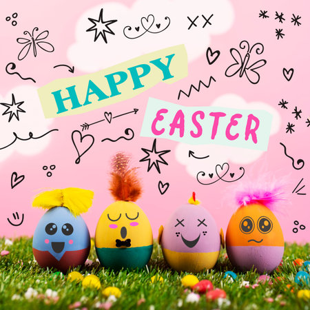 text happy easter, as paper cutouts, and some handmade easter eggs, with cute and funny faces, on...
