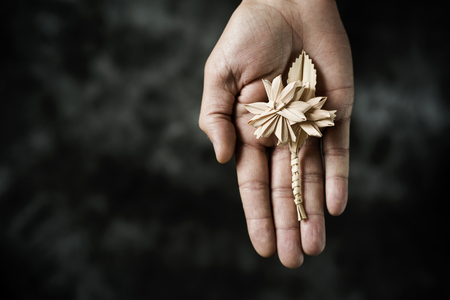 closeup of a traditional Spanish braided palm leaf, to be blessed on Palm Sunday, on the palm of a mans hand against a dark background with some blank space on the leftの写真素材
