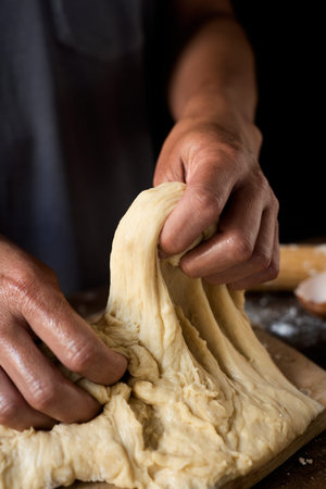 closeup of a young caucasian man kneading a piece of dough on a wooden table