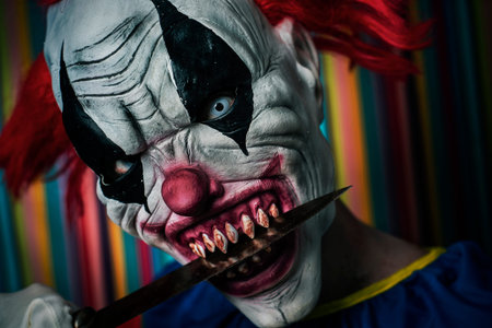 closeup of a scary evil clown, with red hair, white eyes and bloody teeth, with a knife in his mouth...