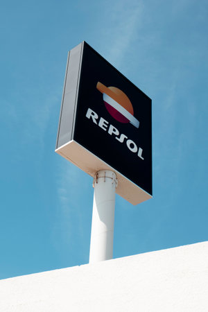 HOSPITALET DEL INFANT, SPAIN - SEPTEMBER 22, 2019: View of a Repsol sign in a filling station in Hospitalet del Infant, Spain. Repsol is an important Spanish energy company based in Madridのeditorial素材