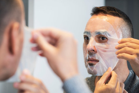 Closeup of a handsome caucasian man applying a bio-cellulose sheet mask to his own face