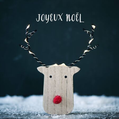 Wooden reindeer head, with a red nose, on the snow and the text merry christmas written in frenchの写真素材
