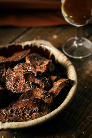 closeup of a plate with rinones al jerez, a spanish recipe of kidney, on a table next to a glass...