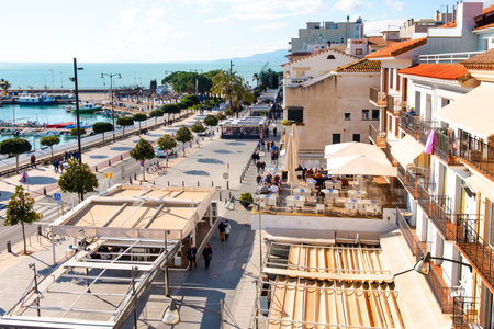 CAMBRILS, SPAIN - JANUARY 26, 2020: Aerial view over the port and the waterfront of Cambrils, in the famous Costa Daurada coast, Spainのeditorial素材