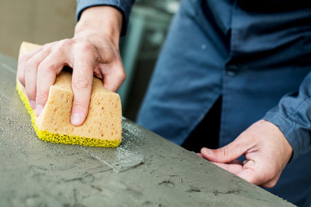 Close up of caucasian man giving a textured finish to a surface covered with fresh concrete