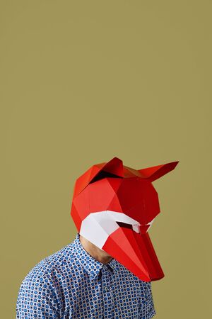 Man wearing a red and white fox mask on a yellowの写真素材