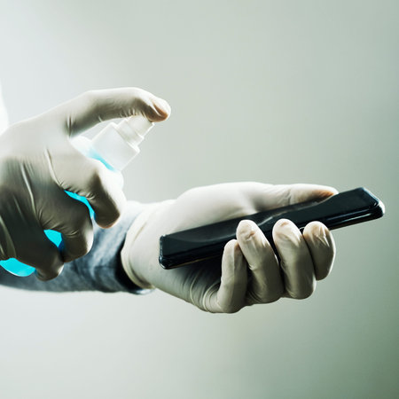 closeup of a caucasian man, wearing latex gloves, disinfecting his smartphone by spraying a...