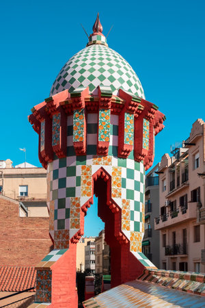 BARCELONA, SPAIN - FEBRUARY 15, 2020: A view of a turret of the Casa Vicens, one of the first buildings of famous architect Antoni Gaudi, in Barcelona, Spainのeditorial素材