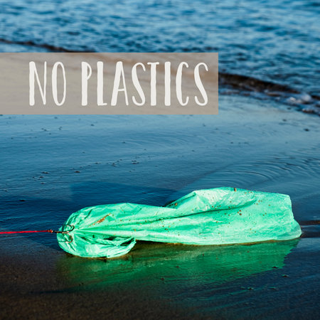 closeup of a used green plastic bag in a fish hook in the seashore, freshly fished in the ocean, and...