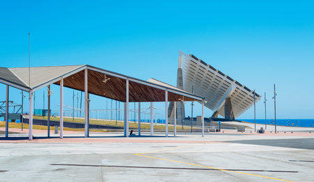 a view over the Parc del Forum public park in Barcelona, Spain, highlighting the giant sculptural...