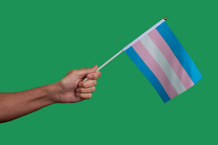 closeup of a young caucasian person waving a transgender pride flag on a green backgroundの写真素材