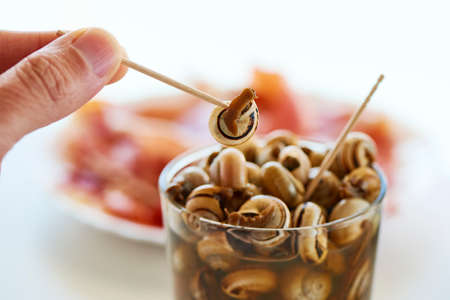 closeup of a man eating some caracolillos en caldo, a spanish recipe of small snails cooked and served in broth typical of andalusia, using a toothpick, on a table next to a plate with serrano hamの写真素材