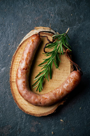 high angle view of a fried pork sausage served on a tree trunk slice, like a tray or a plate, on a...