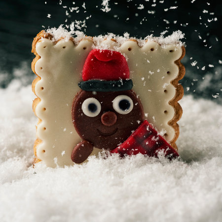 a christmas cookie in the shape of a tio de nadal, a christmas character typical of catalonia, spain, on the snow while is snowingの写真素材