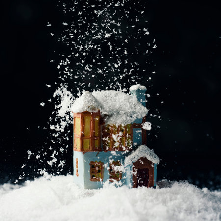 a toy house on the snow while is snowingの写真素材