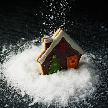 a christmas cookie in the shape of a gingerbread house on the snow while is snowingの写真素材