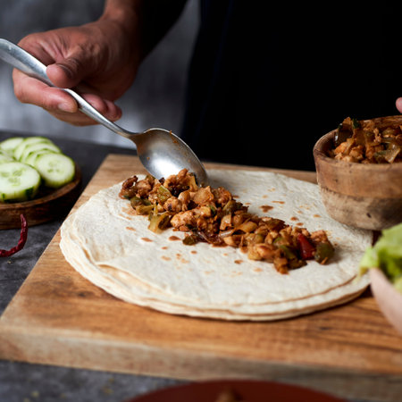 closeup of a young caucasian man preparing a durum or a burrito, with chicken meat cooked with different vegetables such as onion or red and green pepper, and fresh lettuce and raw cucumberの写真素材