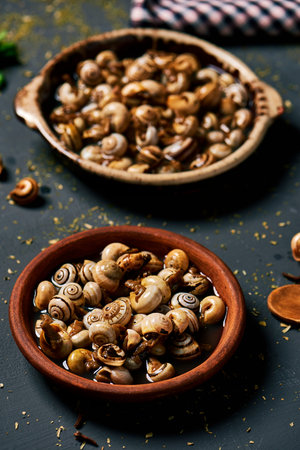 closeup of two different earthenware plates with some caracolillos en caldo, a spanish recipe of...