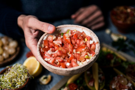 closeup of a young man with a rustic bowl of tomato salad in his hand, at a table next to a tray with freshly made vegan appetizers with different vegan toppingsの写真素材