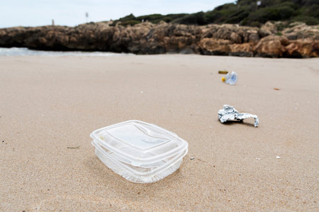 closeup of a used plastic container thrown on the wet sand of a beach, next to some other garbage,...