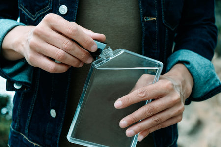 closeup of a young man, wearing a denim jacket and a casual green t-shirt, unscrewing the cap from a...