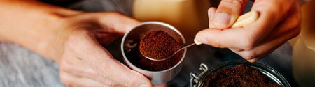 a young caucasian man fills the funnel of a moka pot with ground coffee, at a gray rustic wooden table, in a panoramic format to use as web banner or headerの写真素材