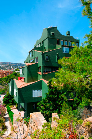 Calpe, Spain - August 2, 2021: A view from above of the famous Xanadu building, in Calpe, Spain, designed by Ricardo Bofill, as an experimental prototype of a garden city, and built in 1968のeditorial素材