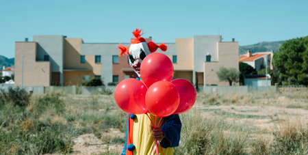 closeup of a creepy clown, wearing a colorful yellow, red and blue costume, holding a bunch of red balloons in his hand, standing in a vacant lot, in a panoramic format to use as web banner or headerの写真素材