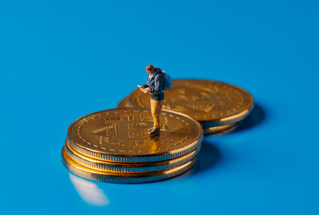 closeup of a miniature adventurer man observing a map standing on a pile of bitcoins on a blue...
