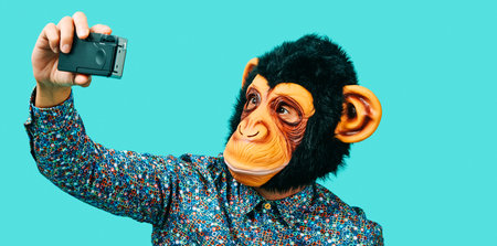 closeup of a man, wearing a monkey mask, taking a selfie with a retro film camera, on a blue...