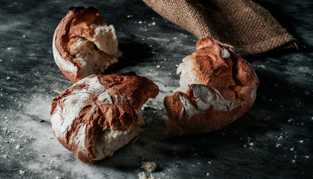 a round kamut wheat bread loaf broken in some pieces on a mottled dark gray fabric surface