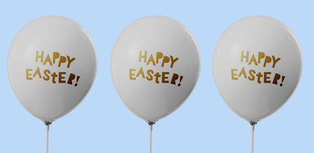 three balloons with the text happy easter written in them on a blue background, in a panoramic...