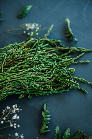 closeup of a bunch of freshly harvested wild asparagus on a black stone surfaceの写真素材