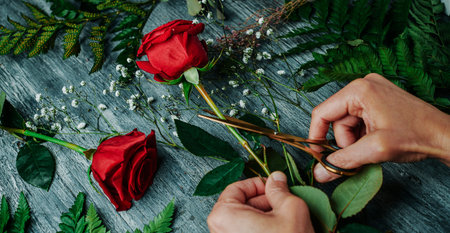 high angle view of a man making a flower arrangement with some red roses, on a gray rustic wooden...