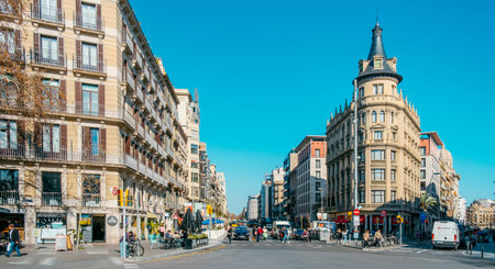 Barcelona, Spain - March 3, 2022: A view of the Ronda de la Universitat street in Barcelona, Spain,...