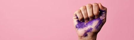 closeup of the raised fist of a man with some stains of purple paint, on a pink background with some...