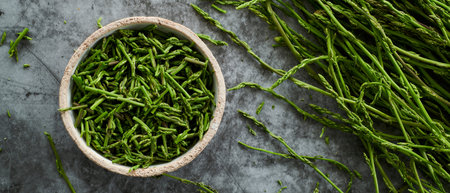 a rustic ceramic bowl with some cut wild asparagus, on a stone surface, next to some whole wild...