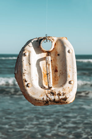 closeup of a piece of a used white plastic bottle freshly fished in the ocean, hanging from a fish hook, in front of the waterの写真素材